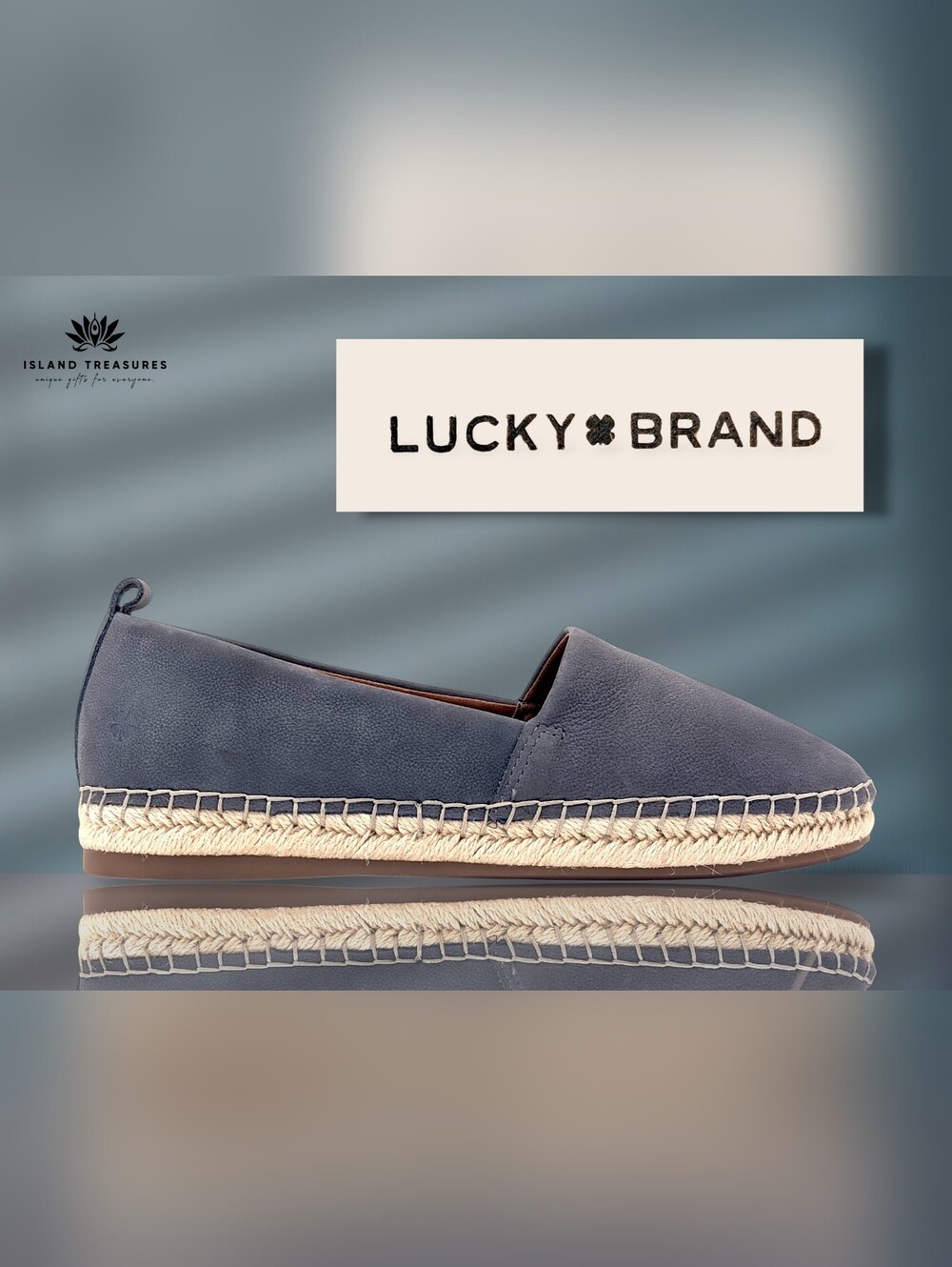 NWT Lucky Brand Sz 8M Loretto Blue/Grey Angus Nubuck Leather Espadrille Flats
